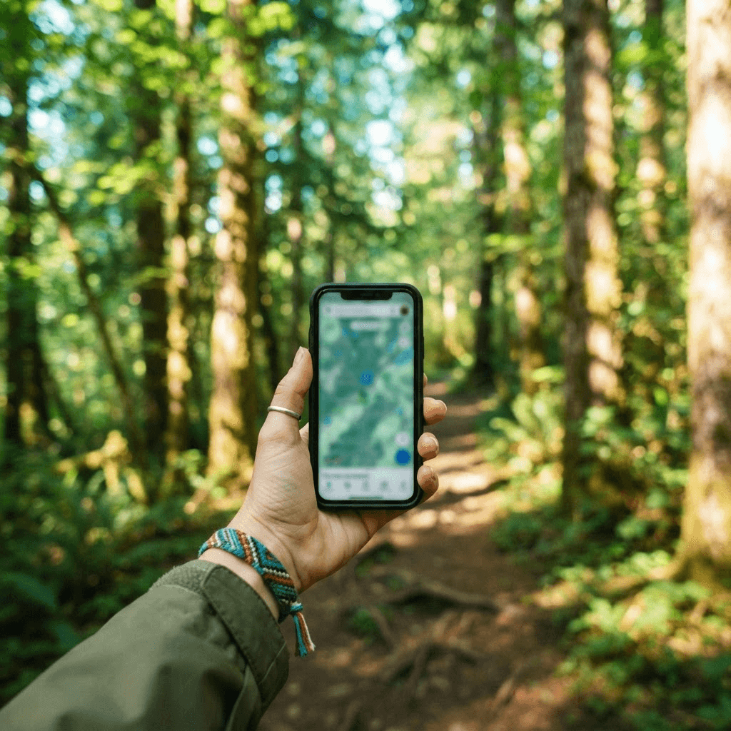 Main tenant un smartphone sur un sentier forestier pendant une course d'orientation